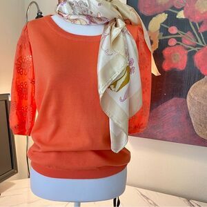 NEW NANETTE LEPORE CORAL LIGHTWEIGHT EYELET SHORT SLEEVE SWEATER S